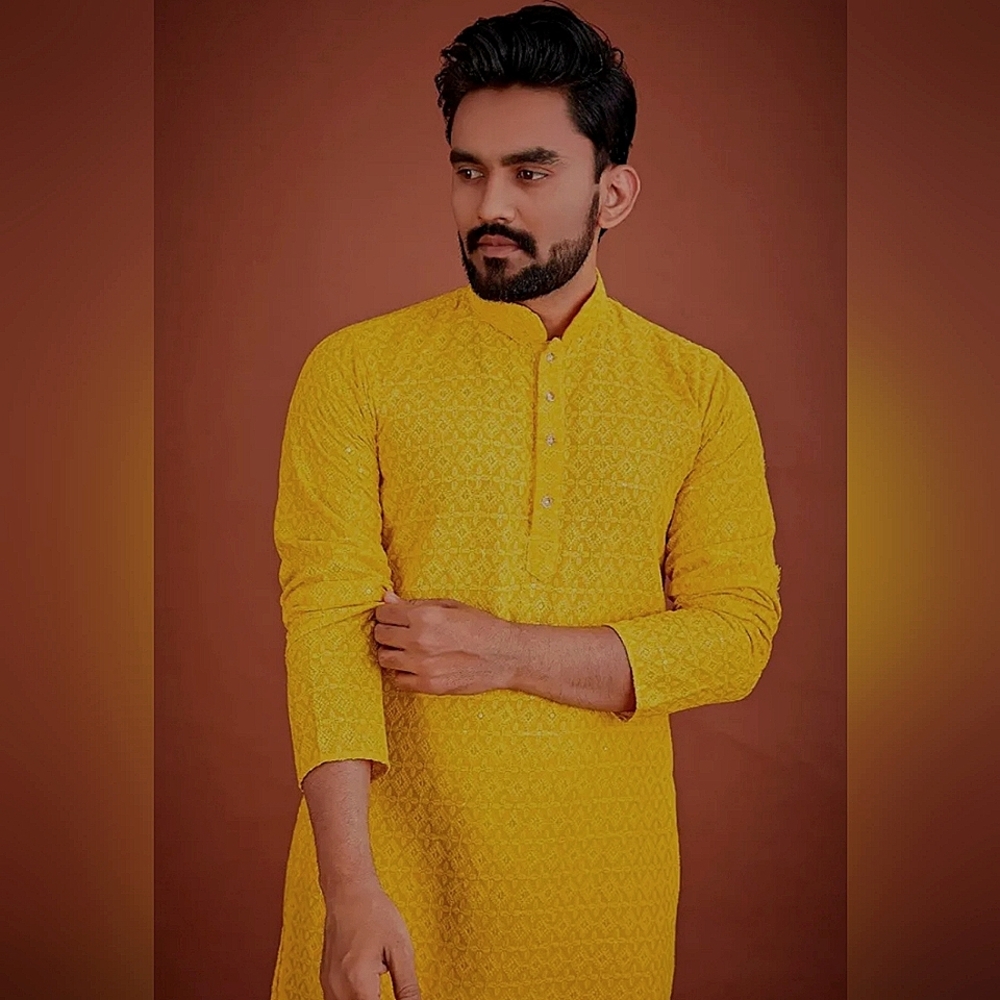 Men's Solid Cotton Long Sleeve straight Kurta Pyjama Set | Size M